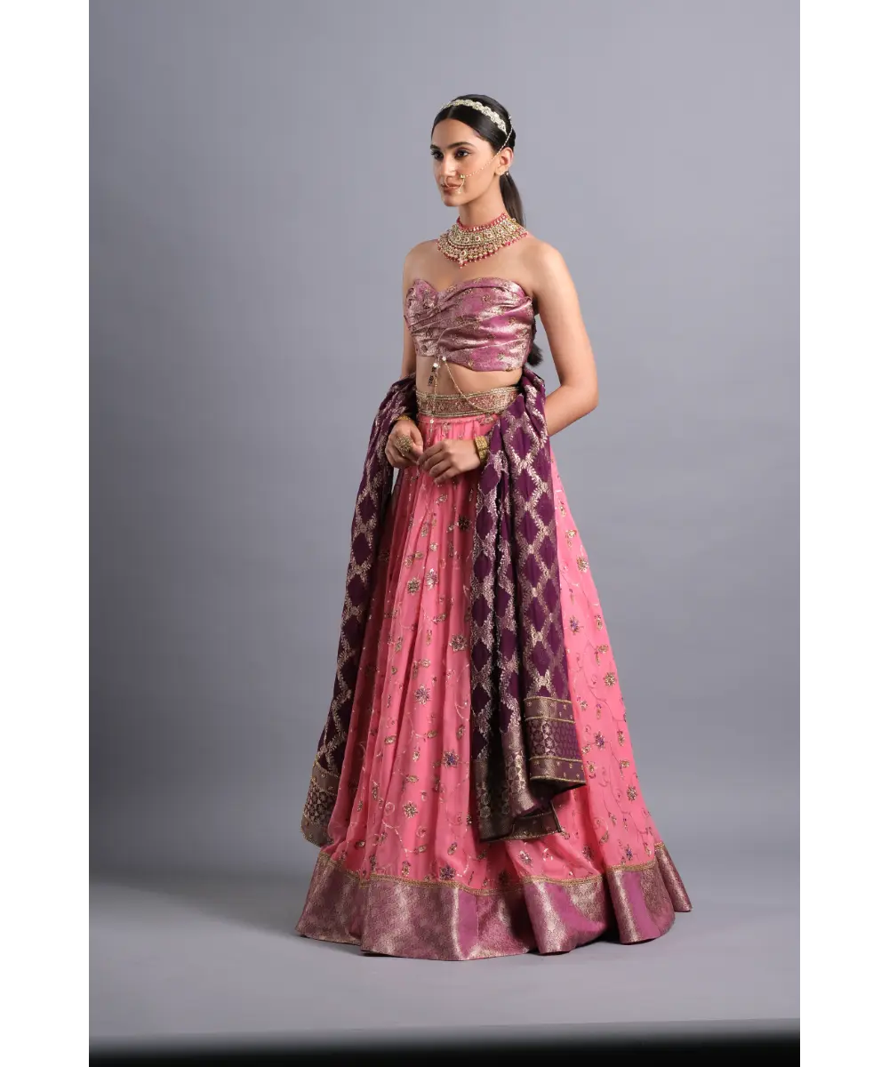 AASTHA SOOD - Bubblegum pink georgette Zardozi Lehenga - Enhanced